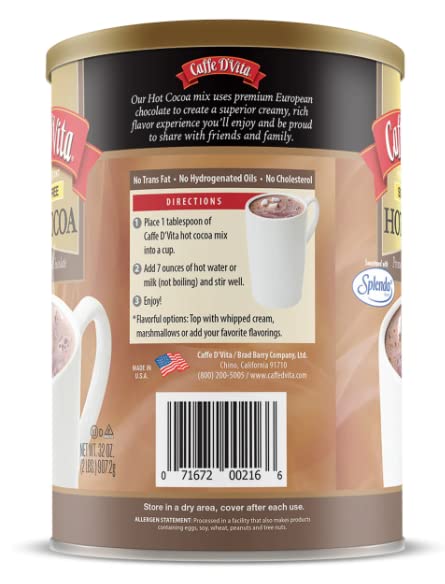 Caffe Dvita Sugar Free Hot Cocoa Mix - Sugar Free Hot Chocolate Mix, Gluten Free, Low Fat, No Cholesterol, No Hydrogenated Oils,