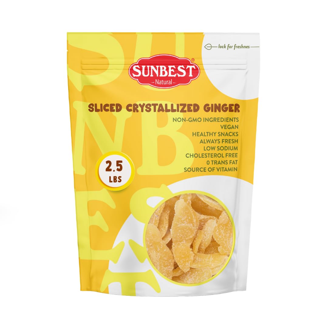 Sunbest Natural - Sliced & Candied Ginger, Crystallized Ginger for Baking and for Snacking, Vegan Dried Ginger, Non-GMO, Kosher 