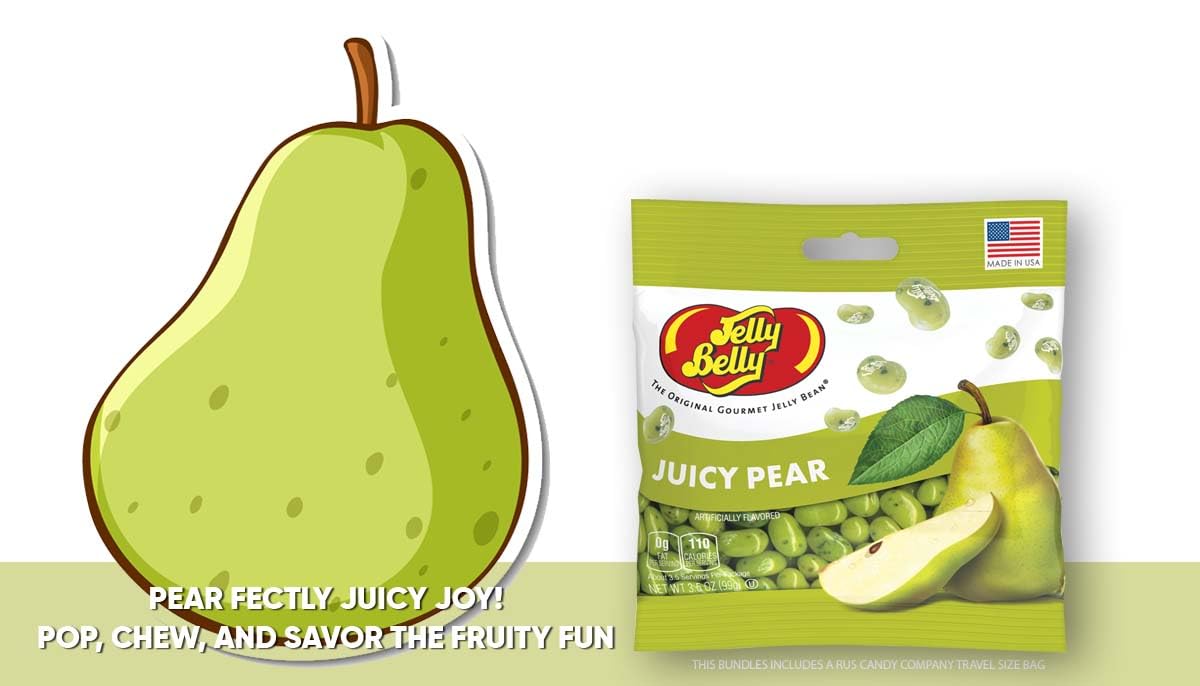 Juicy Pear Flavored Jelly Beans- 3 Pack Of 3.5 Oz Bags- Bundle Includes Travel Size Bag From R.U.S Candy Company
