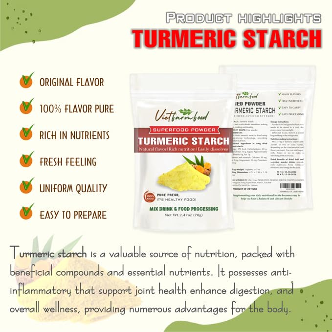 Turmeric Starch 2.47 Oz (70G) Vietfarmfood: Freeze-Dried Extracted From 100% Pure, Sugar-Free. Used To Mix Mixed Drinks Fresh Fr