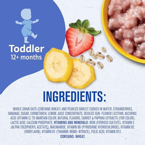 Gerber Toddler Food, Baby Food, Breakfast Oatmeal With Barley, Strawberry Banana Flavor, Cereal, Iron Helps Support Brain Development, 8 Pack