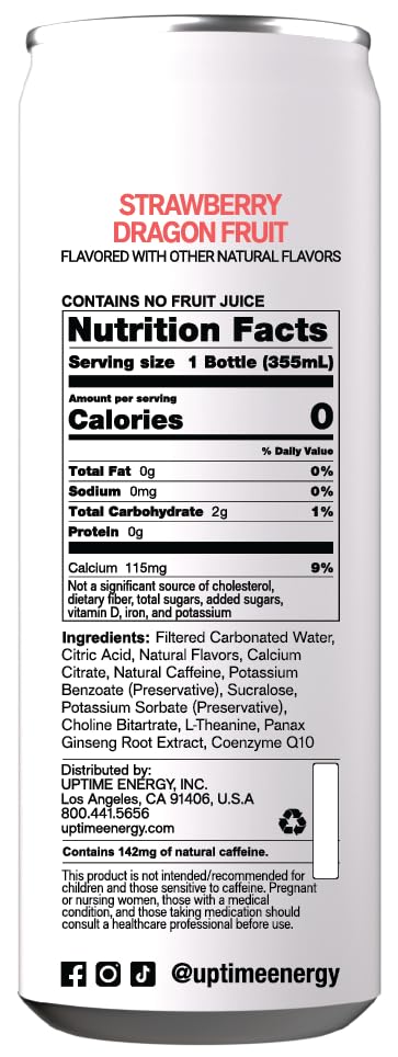 UPTIME Energy Drink, Strawberry Dragon Fruit, 12 Pack, Zero Sugar, 142mg Natural Caffeine, 12 fl oz Cans