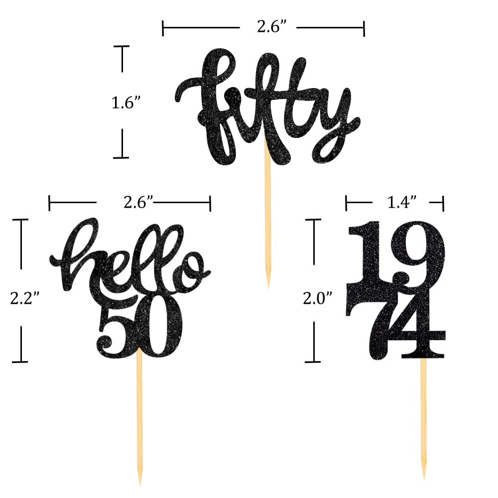 24 Pcs Black Glitter 50Th Birthday Cupcake Toppers For 50Th Birthday Celebrating Party Decorations