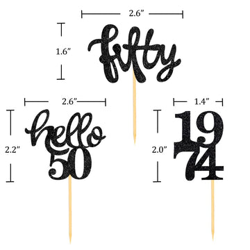 24 Pcs Black Glitter 50Th Birthday Cupcake Toppers For 50Th Birthday Celebrating Party Decorations