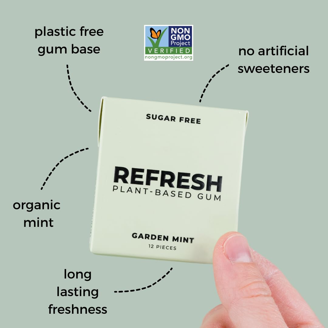 Refresh Plant Based Gum, Sugar Free, Long Lasting Chewing Gum With Stevia, Xylitol, Natural Flavors & Organic Ingredients, Low C