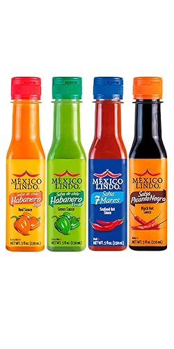 Mexico Lindo Hot Sauce Variety Pack - 4 Bottles (5 Fl Oz Each) Includes Picante Negra, Red Habanero, Green Habanero, 7 Mares