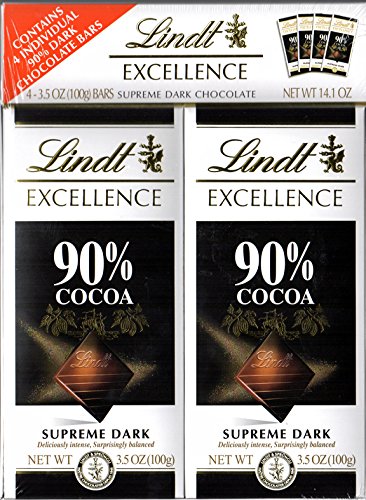 Lindt Excellence Bar, 90% Cocoa Supreme Dark Chocolate, Gluten Free, Great For Holiday Gifting, 3.5 Oz, 4Count
