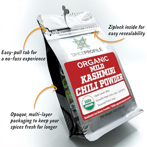 Spice Profile USDA Organic Low Heat Kashmiri Chili Powder  4 oz  Lab Tested for Heavy Metals  Milder than Deggi Mirch Chilli  Chile rojo de Cachemira en polvo