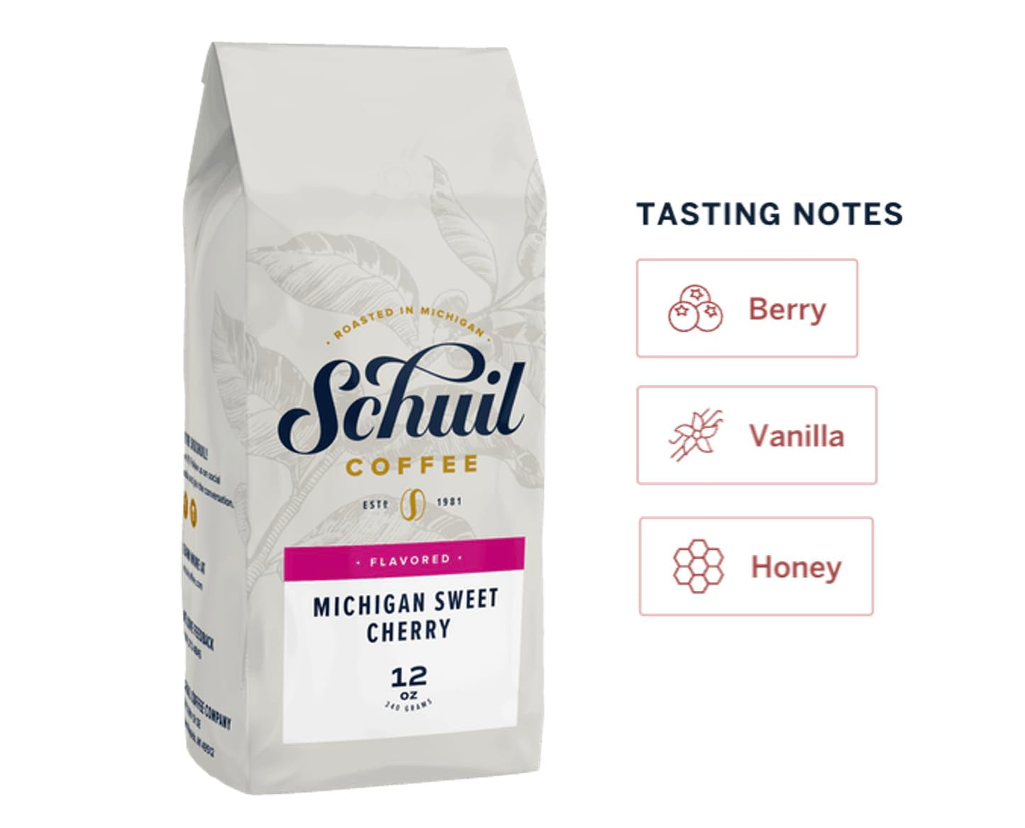 SCHUIL Whole Bean Coffee, Premium Roasted Artisan Coffee, Smooth & Full Bodied, 12 oz Bag, Michigan Sweet Cherry