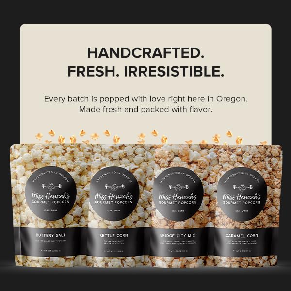 Miss Hannahs Gourmet Popcorn Classic Bundle - Kettle Corn, Caramel Corn, & Buttery Salt - Non-GMO, Sweet & Savory Snack Box for