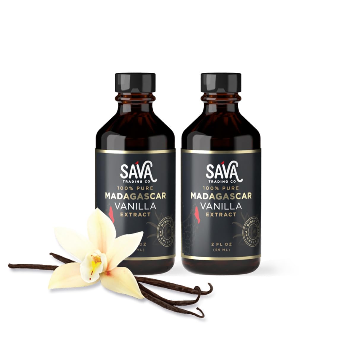SAVA Madagascar Vanilla Extract - 100% Pure, No Sugar Added, Gourmet Baking Supplies, 2 Oz (Pack of 2)