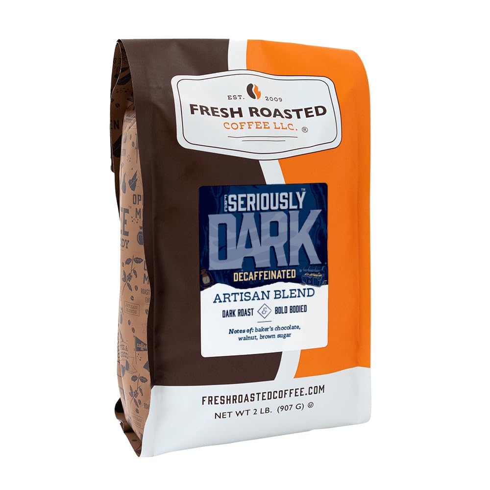 Fresh Roasted Coffee Seriously Dark Decaf Artisan Blend, Whole Bean, 32 oz, Dark Roast, Kosher