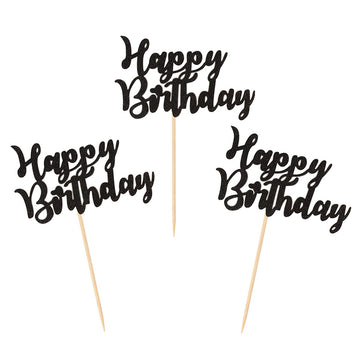 Donoter 24 Pcs Happy Birthday Cupcake Toppers Cake Picks For Birthday Party Decoration Supplies (Black)
