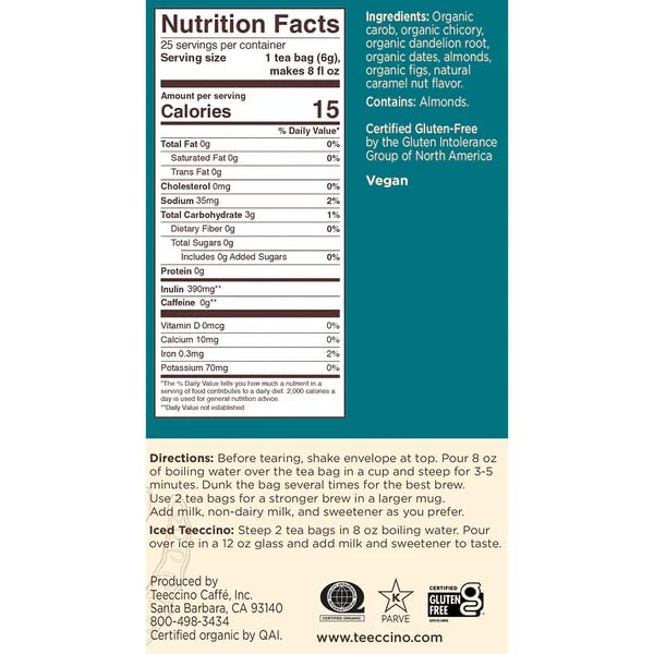 Teeccino Dandelion Caramel Nut Tea - Caffeine Free Herbal Tea - 50 Eco-Friendly Tagless Tea Bags