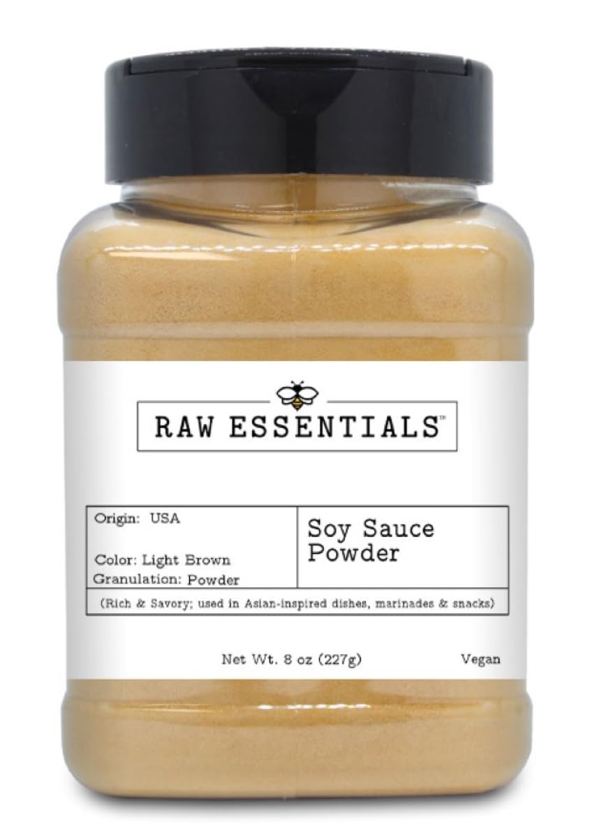 Raw Essentials Soy Sauce Powder | Rich Umami Flavor for Asian Dishes, Marinades & Snacks | Vegan | 8 Ounce Bottle