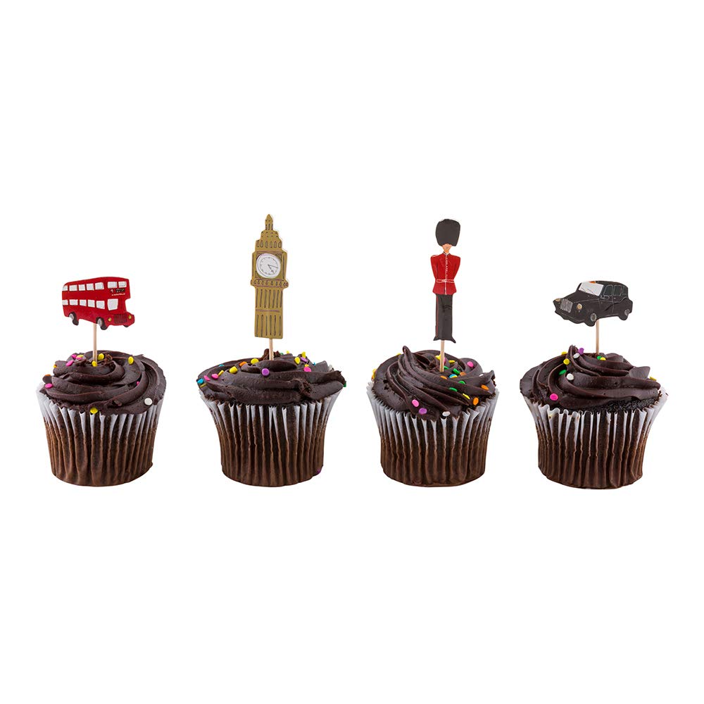 Restaurantware Top Cake London Cake Toppers 24 Piece Assorted British Cupcake Toppers - For Birthday Parties Weddings Or Baby Sh