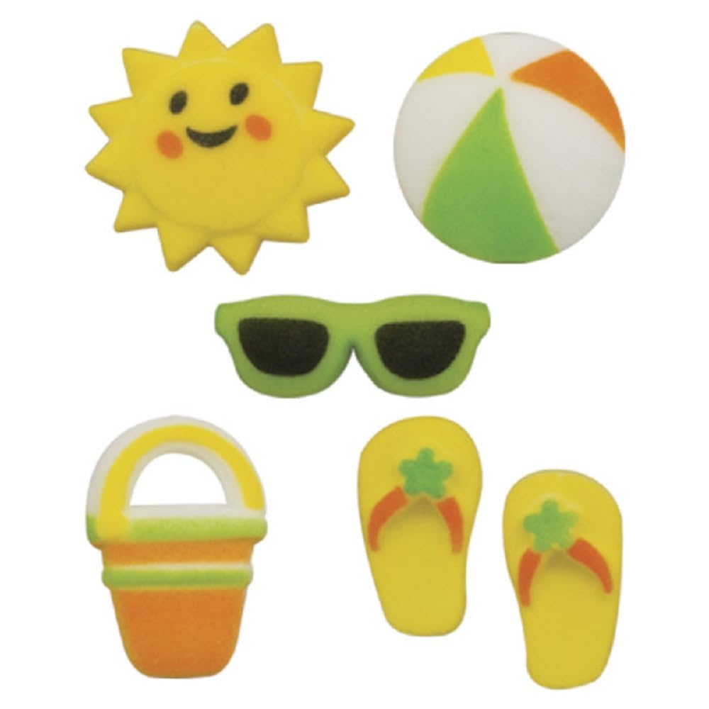 Summer Fun - Sunglasses, Bucket, Flip Flops, Beach Ball, and SunEdible Sugar Cake Toppers, 12 Count