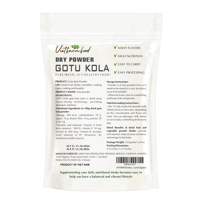 Gotu Kola Powder 5.29 Oz (150G) Vietfarmfood: Freeze-Dried Extracted From 100% Pure, Sugar-Free. Used To Mix Mixed Drinks Fresh
