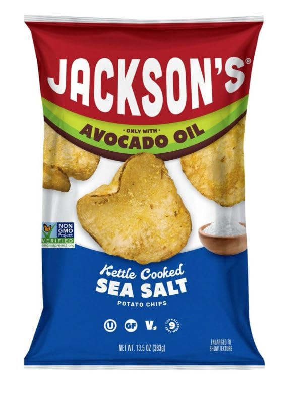 Jacksons Kettle Cooked Sea Salt Potato Chips with Avocado Oil, Non-GMO, Gluten Free, 13.5 oz 1 Bag