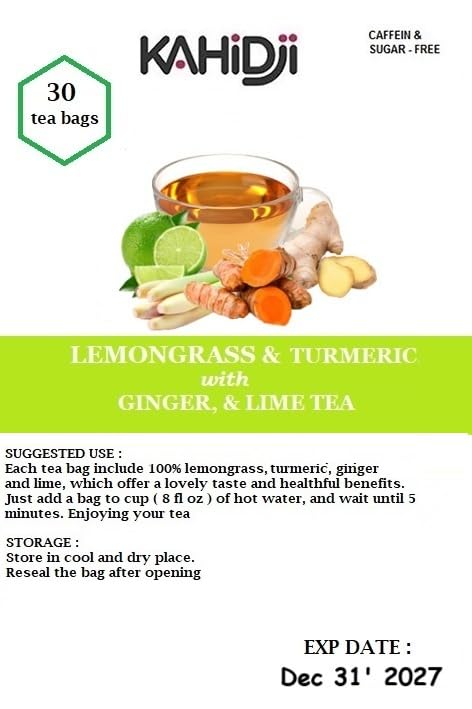 KAHIDJI Lemongrass Tea with Turmeric, Ginger & Lime - 30 Bags, Green