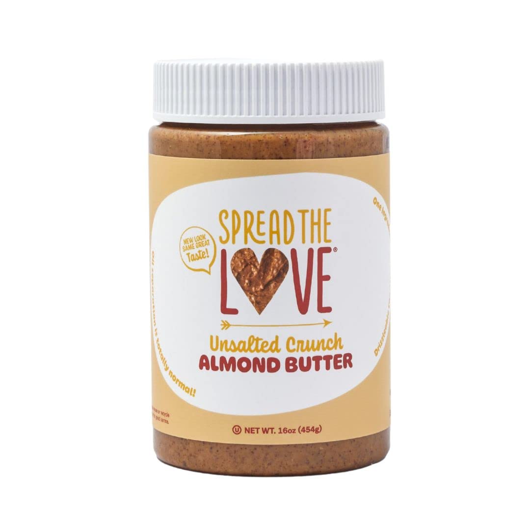 Spread The Love Unsalted Crunch Almond Butter, 16 Ounce, All Natural, Vegan, Gluten Free, Creamy, No Added Salt Or Sugar, No Pal
