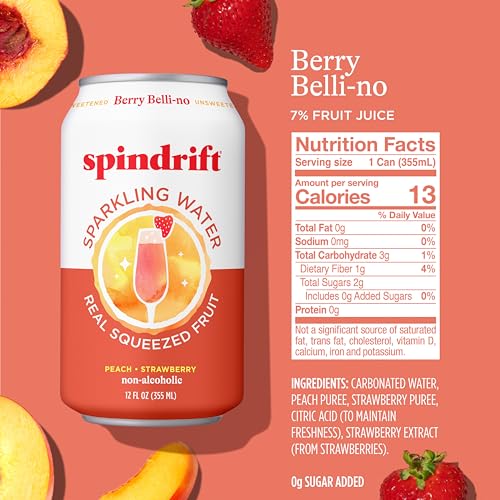 Spindrift Sparkling Water, Berry Belli-no Flavored, Made with Real Squeezed Fruit, 12 Fl Oz Cans, Pack of 24 (Only 13 Calories p