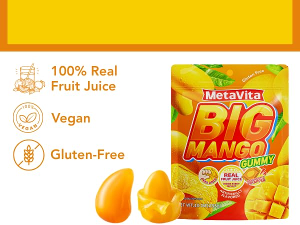 (24 Packs, 9.5LB) MetaVita Peelable Big Mango Gummy Candy - Individually Wrapped Fun Size Gummies for Halloween Candy, Trick-or-