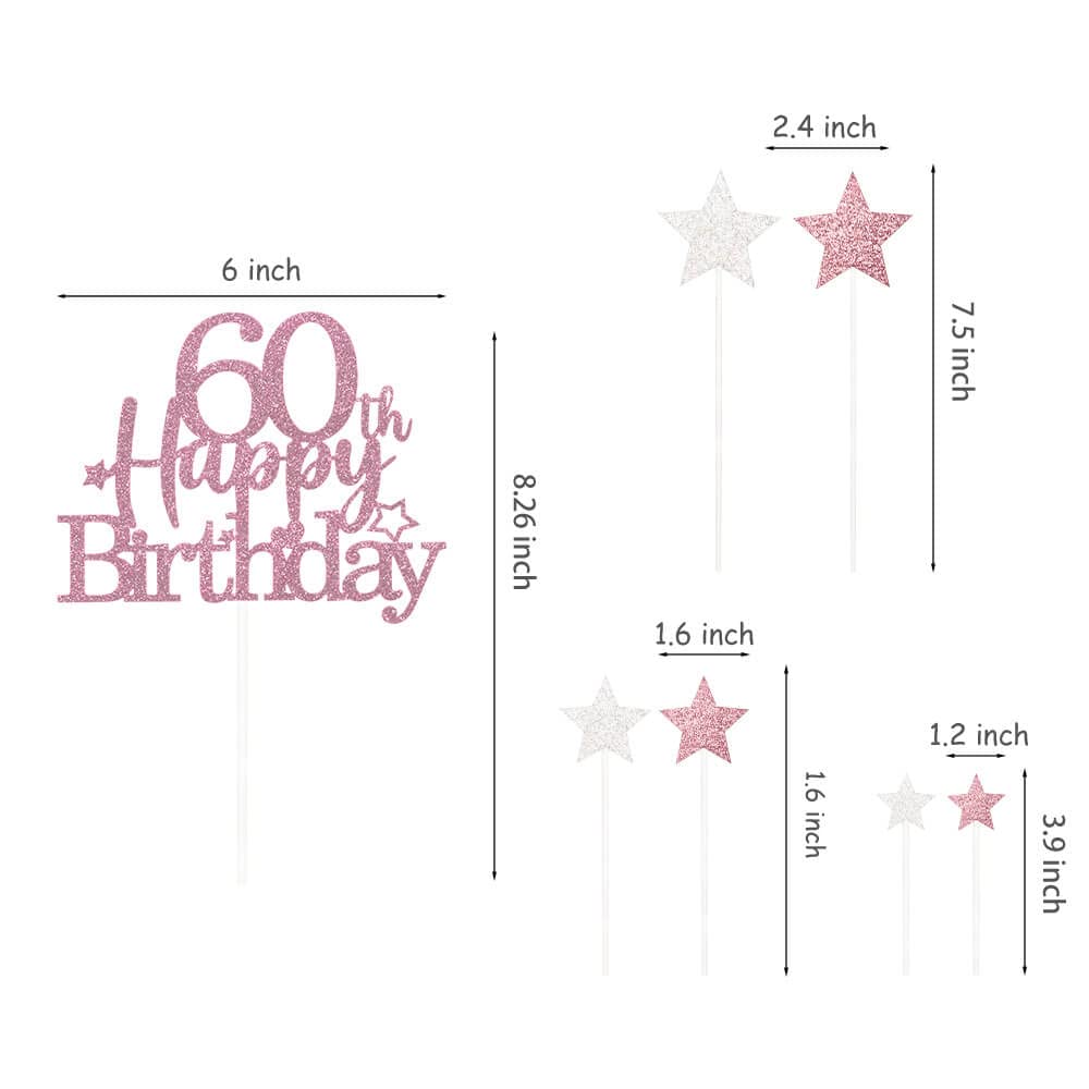 Pargleev Glittery 60th Birthday Cake Topper, Rose Gold Star Design, Personalised Party Decoration for Men and Women