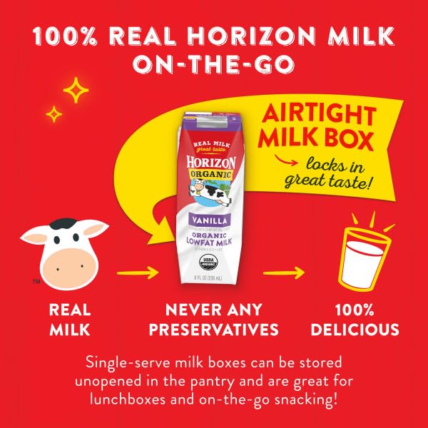 Horizon Organic Shelf Stable 1% Lowfat Vanilla Milk Boxes, 8 fl oz, 18 Count - 8g Protein per Serving, USDA Organic UHT, Ready t