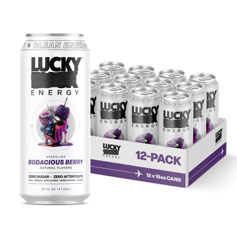 Lucky Energy Sugar Free Energy Drink, Bodacious Berry, 16oz Cans, 12-Pack, 200mg Caffeine, Zero Sugar, with Maca & Ginseng