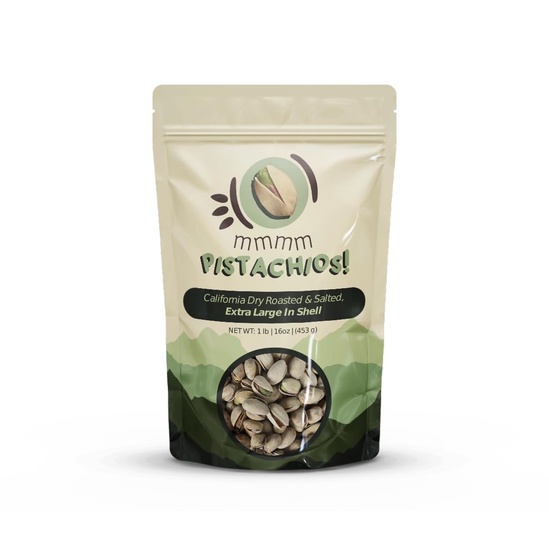 MMMM California Dry Roasted & Salted Extra Large In-Shell Pistachios, 1 Pound, Gluten-Free, Non-GMO, Vegan Snack
