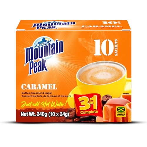 Jamaica Mountain Peak Caramel 3 in 1 Instant Coffee Mix  Coffee Creamer and Cane Sugar (10 Sachets x 24g)  Rich Caramel Flavor  Smooth and Creamy  Just Add Water