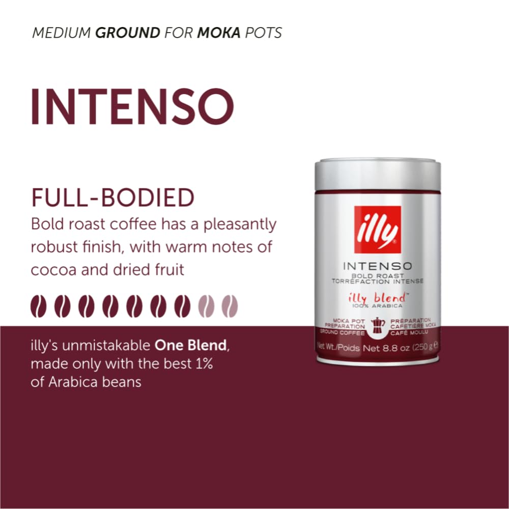 Illy Ground Coffee Moka - 100% Arabica Flavored Coffee Ground - Rich Aromatic Coffee Grounds Profile – Intenso Dark Roast – Warm Notes Of Cocoa & Dried Fruit - No Preservatives – 8.8 Ounce