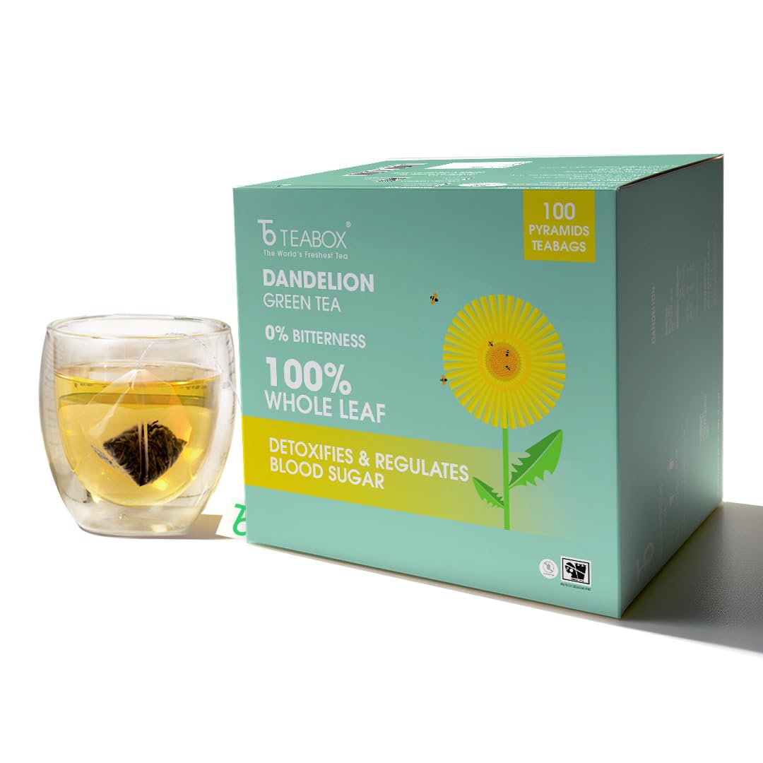 Teabox Enhanced Organic Green Tea With Dandelion Roots | 100% Whole Leaf Green Tea Leaves | 0% Bitterness | Usda Organic | 100 Tea Bags