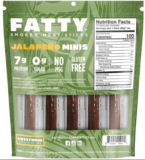 Generic Fatty Jalapeño Minis Smoked Meat Sticks, Grass Fed Beef & Pork, 15 Sticks, 15 Ounce (Pack of 1)
