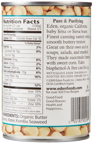 Eden Organic Organic Butter Beans, 15 oz Can, No Salt, Non-GMO, Gluten Free, Vegan, Kosher, U.S. Grown, Heat and Serve, No Prese