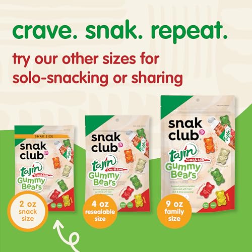 Snak Club Tajin Gummy Bears, Assorted Fruit Candy Gummies with Chili and Lime Seasoning, Mild, Gluten-Free and Vegan Snacks, 2 o