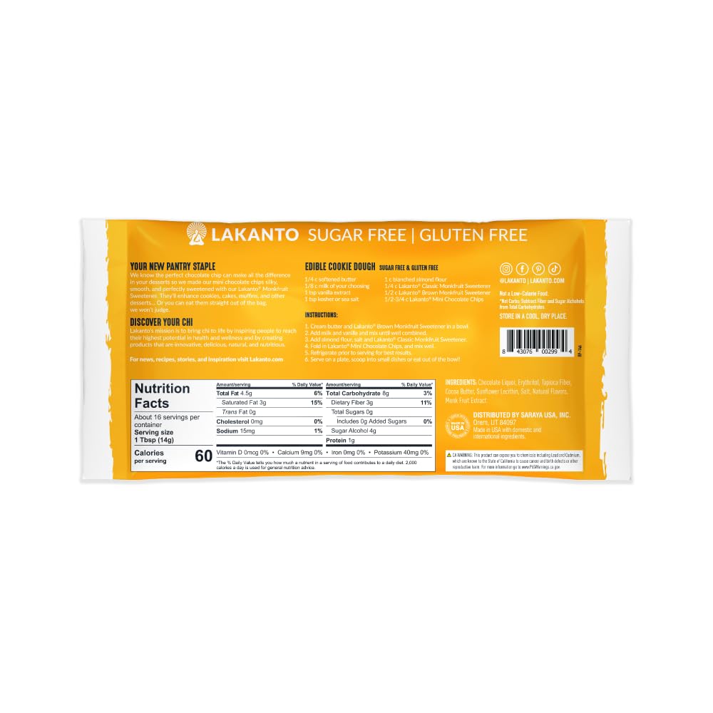 Lakanto Sugar Free Mini Chocolate Chips - Monk Fruit Sweetener And Erythritol, Perfect For Baking, Pancakes, Muffins, Protein Bi