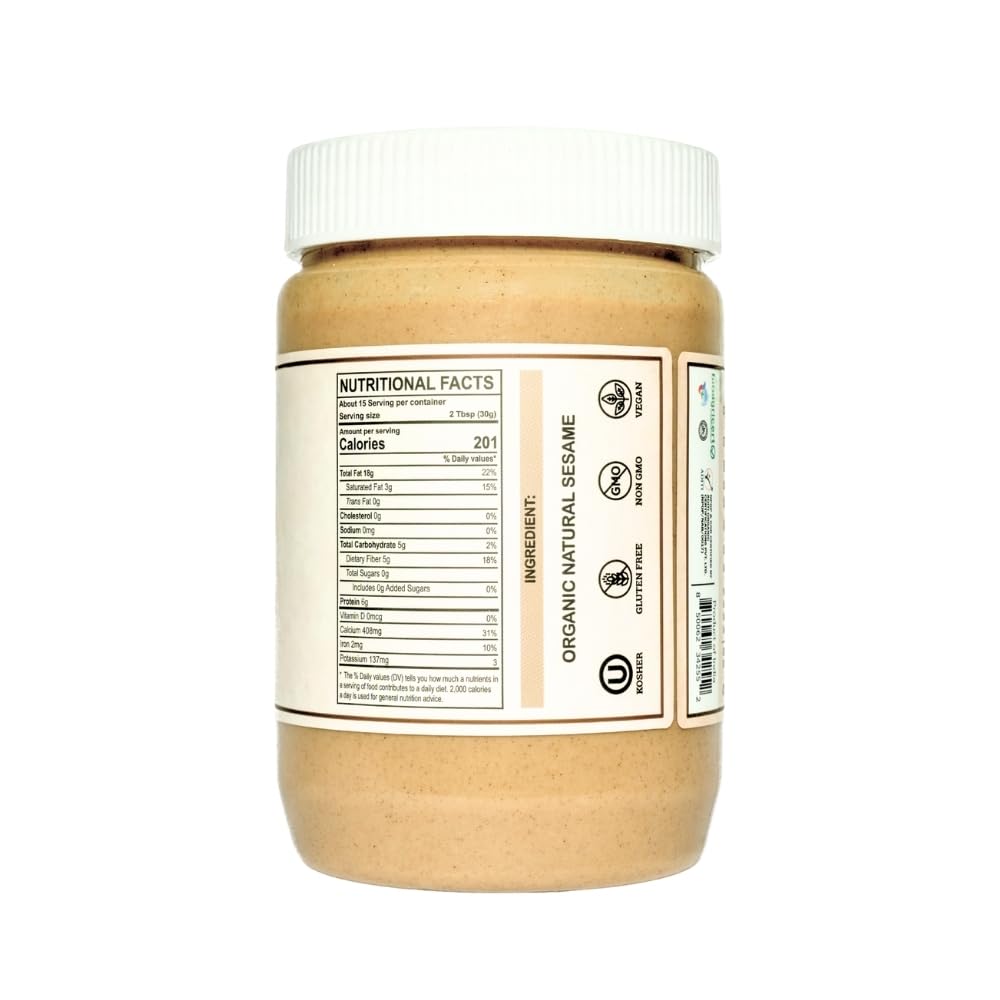 Organic Tahini Paste 16 oz (1lb) - Unhulled White Sesame Tahini Dressing - USDA Certified  Gluten Free  Kosher - Creamy Organic Tahini Sauce for Dressigns  Dips  Spreads & Hummus - The Holly Tree