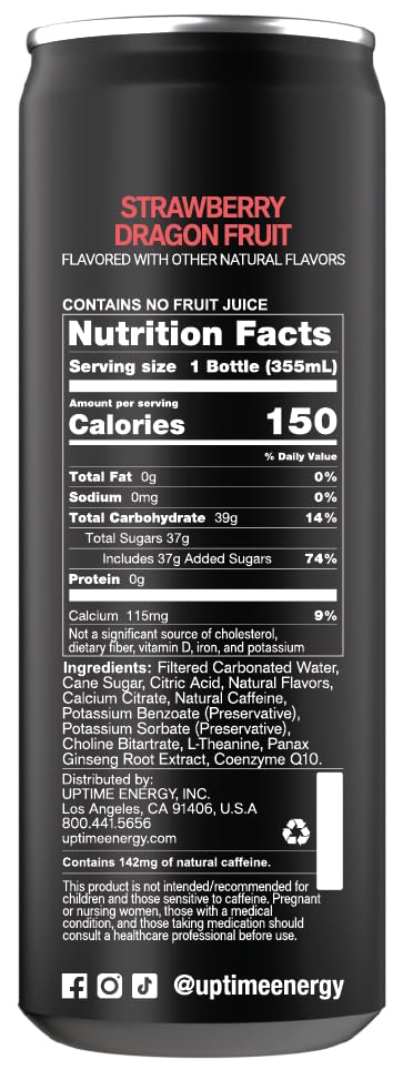 UPTIME Energy Drink, Strawberry Dragon Fruit, 12 Pack, 142mg Natural Caffeine, Vitamin C, Focus Support, 12 fl oz Cans