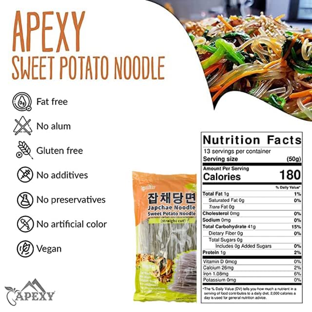 APEXY Sweet Potato Glass Noodles Straight Cut, Japchae Noodles, Korean Vermicelli Pasta, Fat-free and Gluten-free, 100% Sweet Po
