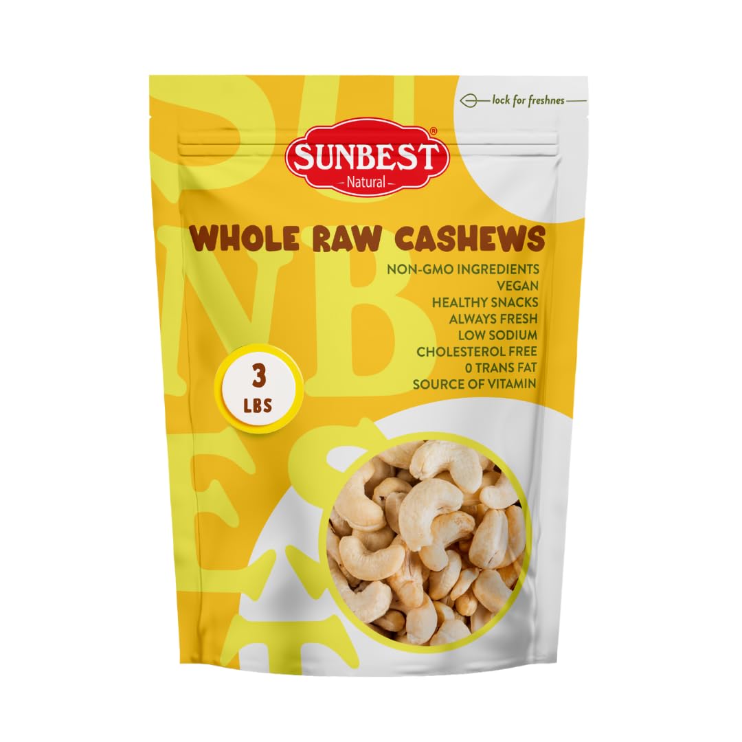 SUNBEST NATURAL Whole Raw Cashew Nuts, Unroasted & Unsalted, 3 LB Resealable Bag, Non-GMO Vegan Snack for Cooking & Baking
