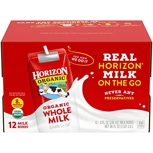 Horizon Organic Shelf Stable Whole Milk Boxes, 8 fl oz, 12 Count - 8g Protein per Serving, USDA Organic UHT from Pasture-Raised