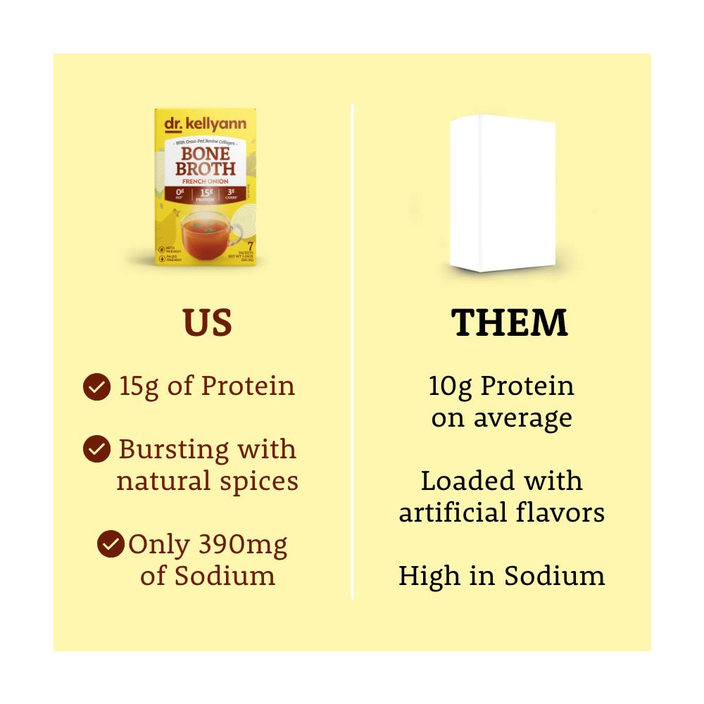 Dr. Kellyann French Onion Bone Broth Collagen Packets (7 Servings  1 Box) - 16g Protein/Serving  100% Grass-Fed Hydrolyzed Collagen  Keto & Paleo Friendly