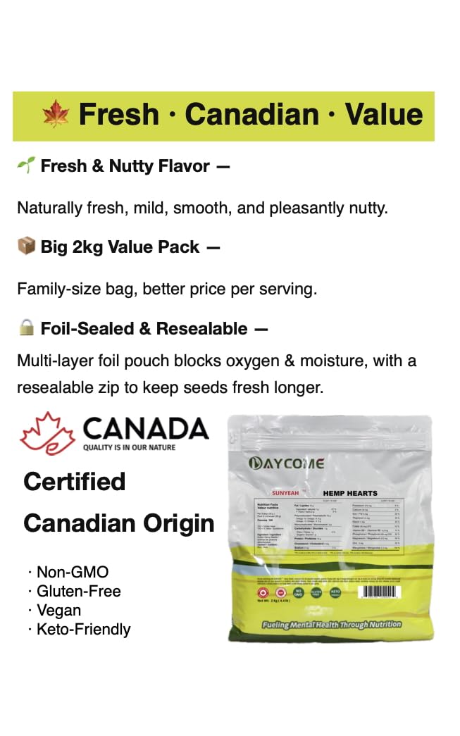 SUNYEAH Hemp Hearts - 2kg Shelled Hemp Seeds, Non-GMO, Vegan, Keto, Gluten-Free, Perfect for Smoothies, Yogurt, and Salads