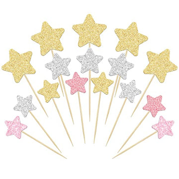 Gyufise 42Pcs Star Cupcake Toppers Gold Silver Pink Glitter Assembled Twinkle Star Cupcake Picks Wedding Engagement Bridal Showe