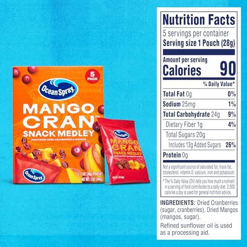 Ocean Spray Mango Cran Snack Medley, Cranberry And Mango Dried Fruit Snack, 1 Oz Pouches, 5 Count