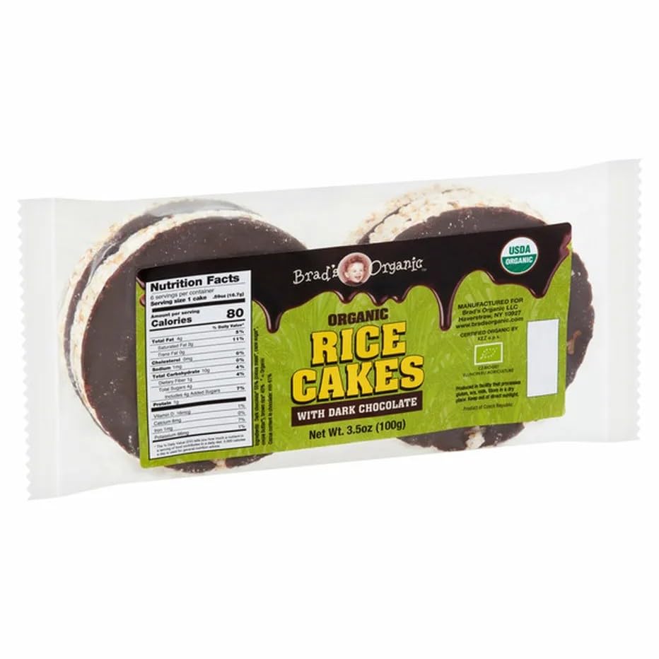 Brads Organic Chocolate Covered Rice Cakes, USDA Organic, Nut Free, Low Sodium, 3.5 oz, Pack of 6, Dark Chocolate