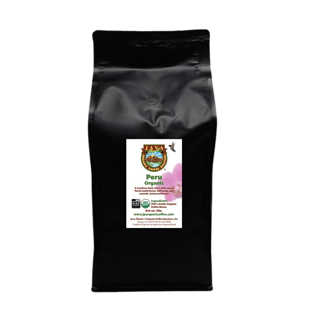 Java Planet Organic Coffee Beans, Gourmet Medium Dark Roast, Peru Single Origin, 5lb Bag, Certified Organic, Fair Trade