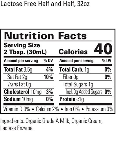 Organic Valley, Organic Lactose Free Half & Half Cream, Quart, 32 oz